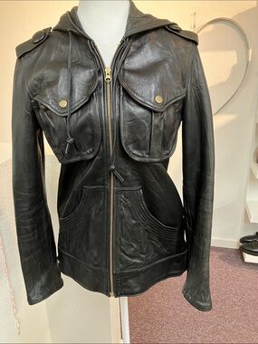 Mike & Chris Black Leather Hooded Jacket Lined Zip Up Size M